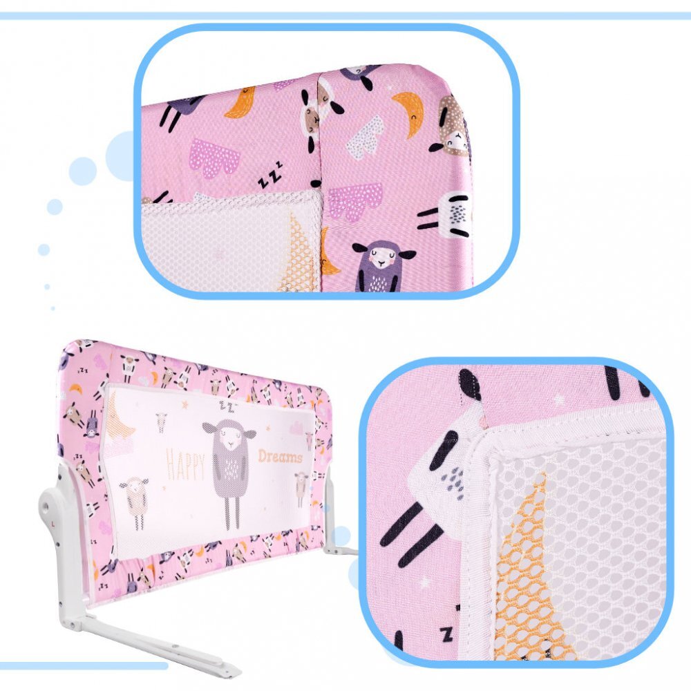 Ikonka Bariera de protectie pentru pat copii pliabila cu cadru metalic dimensiune 90 x 48.5 cm Oite Roz