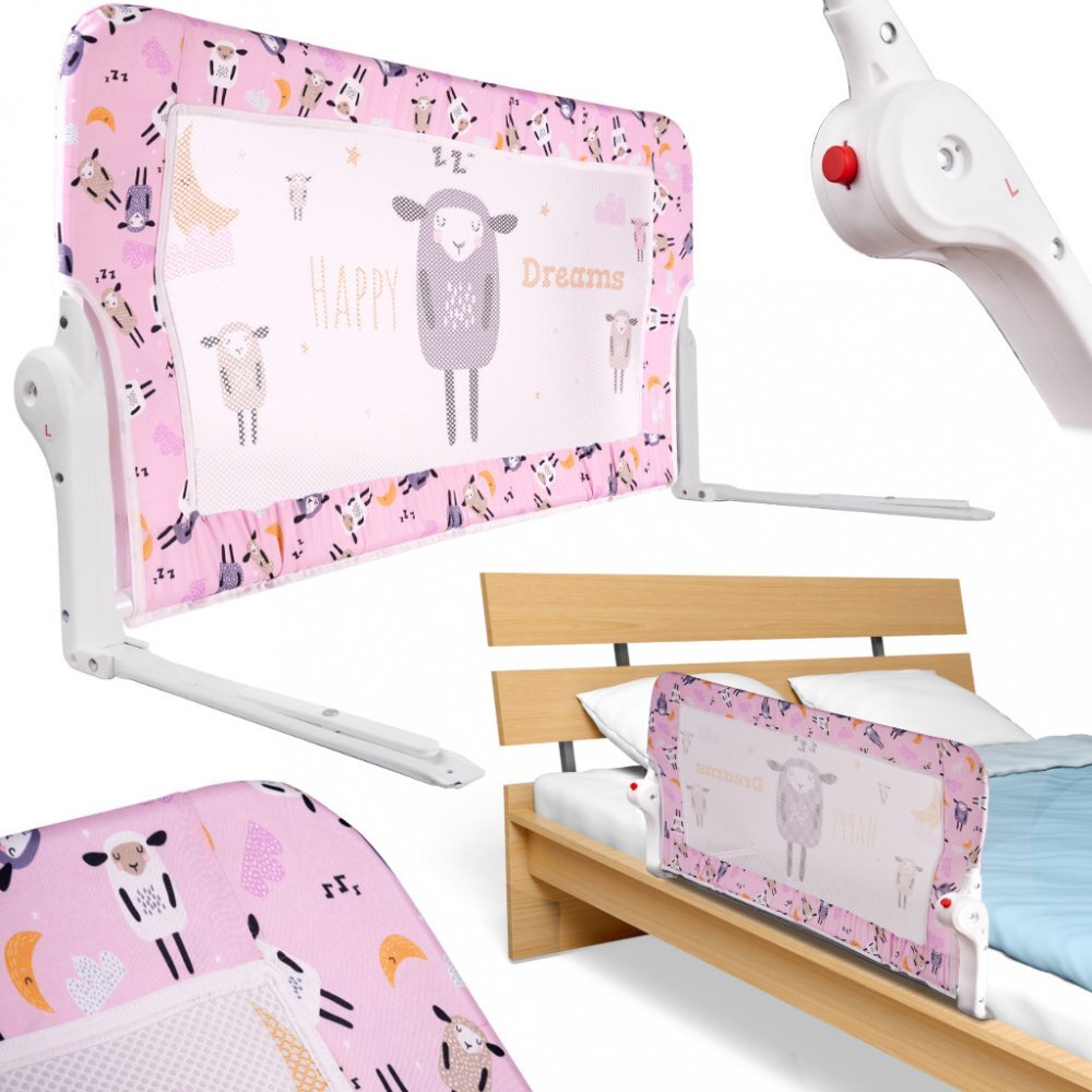 Ikonka Bariera de protectie pentru pat copii pliabila cu cadru metalic dimensiune 90 x 48.5 cm Oite Roz