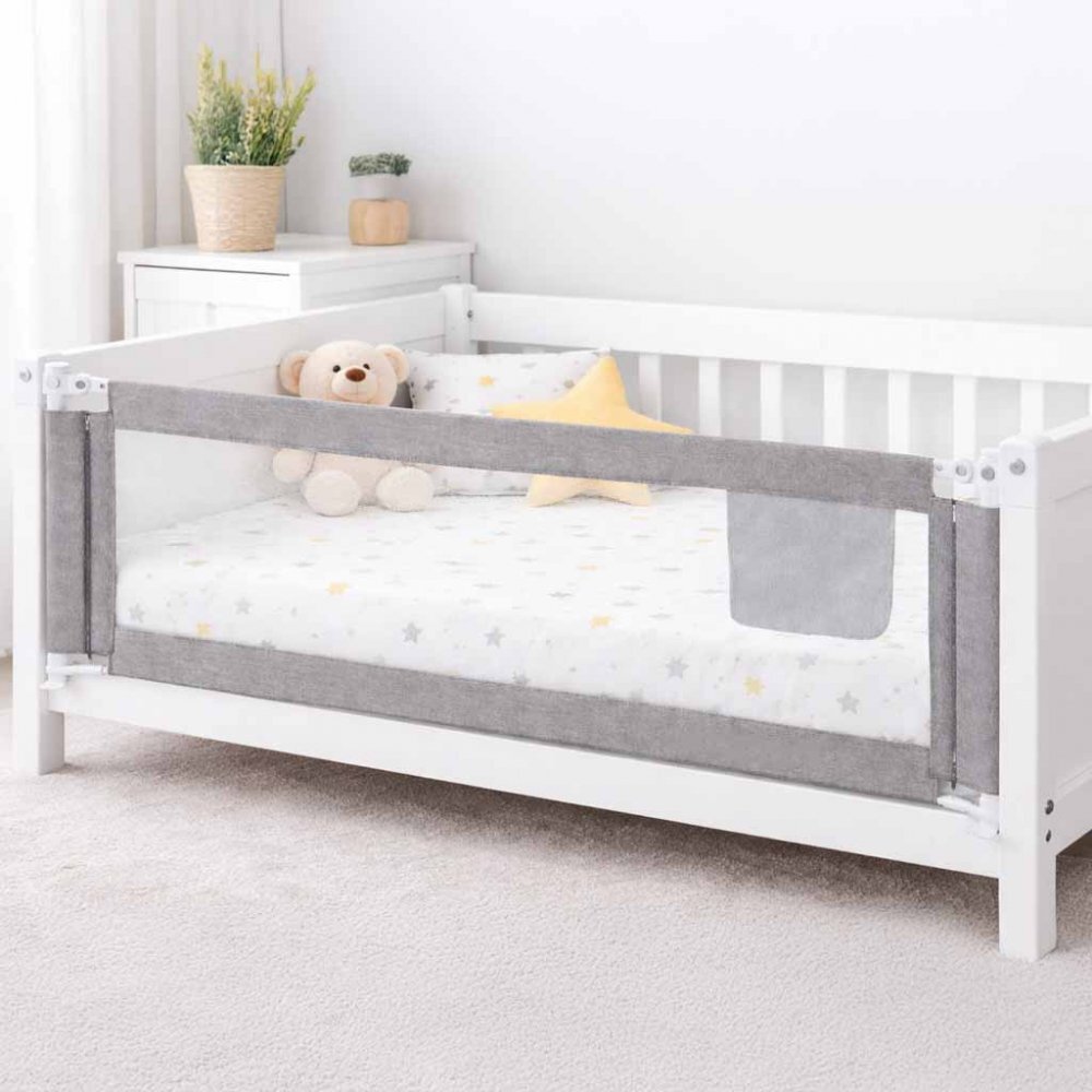 Ikonka Bariera de protectie pentru pat Grey 140 cm cadru metalic cu buzunar exterior