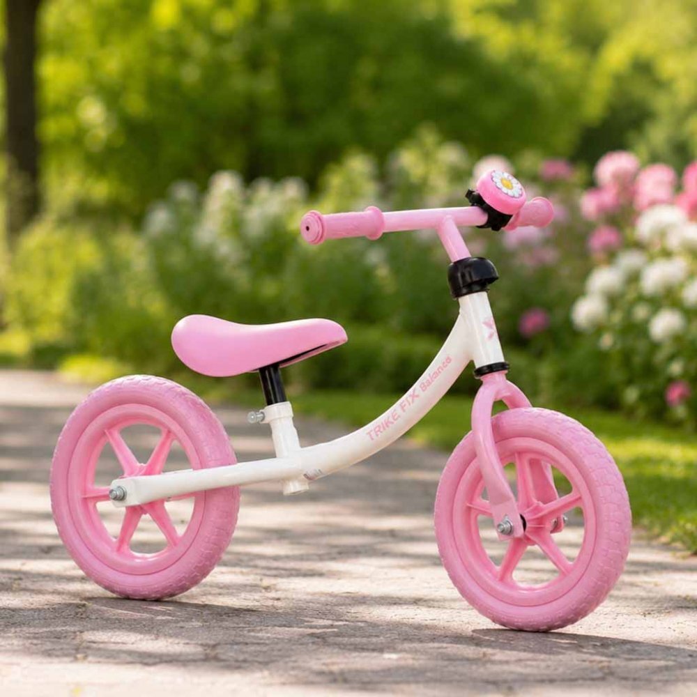 Ikonka Bicicleta fara pedale pentru copii Trike Fix Balance pink cadru otel cu sonerie saua ergonomica sezutul si ghidonul reglabile roti din spuma EVA sarcina maxima 30 kg