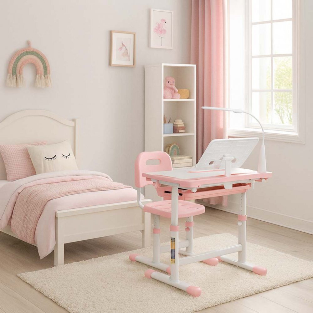 Ikonka Birou cu scaunel pentru copii pink inaltime reglabila constructie durabila lampa led detasabila cu 3 moduri de iluminare