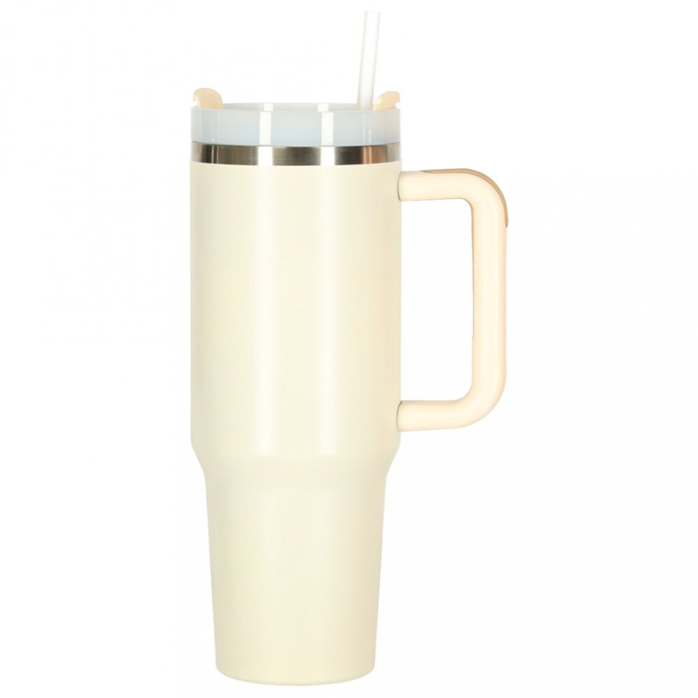Ikonka Cana termica portabila design modern cu maner din otel inoxidabil cu pereti dublii pai inclus capacitate 1200 ml culoare Cream