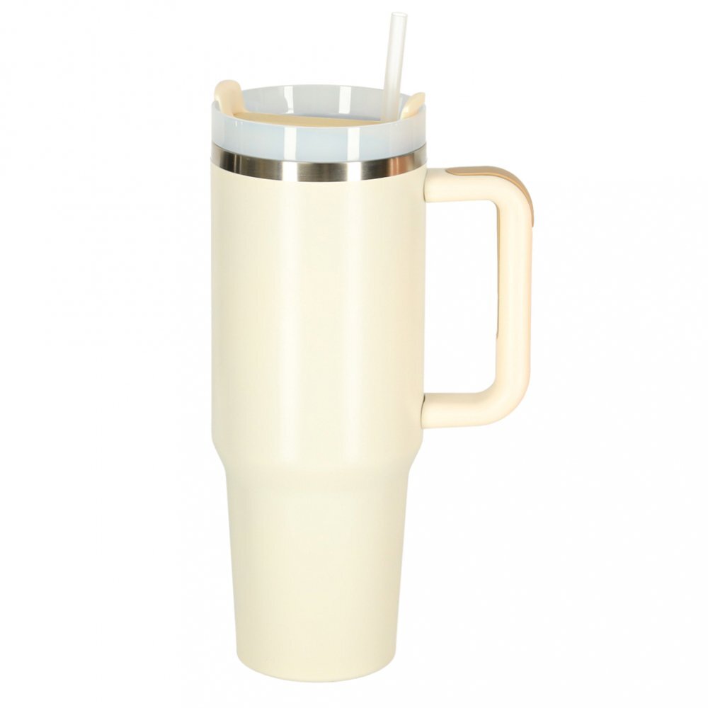 Ikonka Cana termica portabila design modern cu maner din otel inoxidabil cu pereti dublii pai inclus capacitate 1200 ml culoare Cream