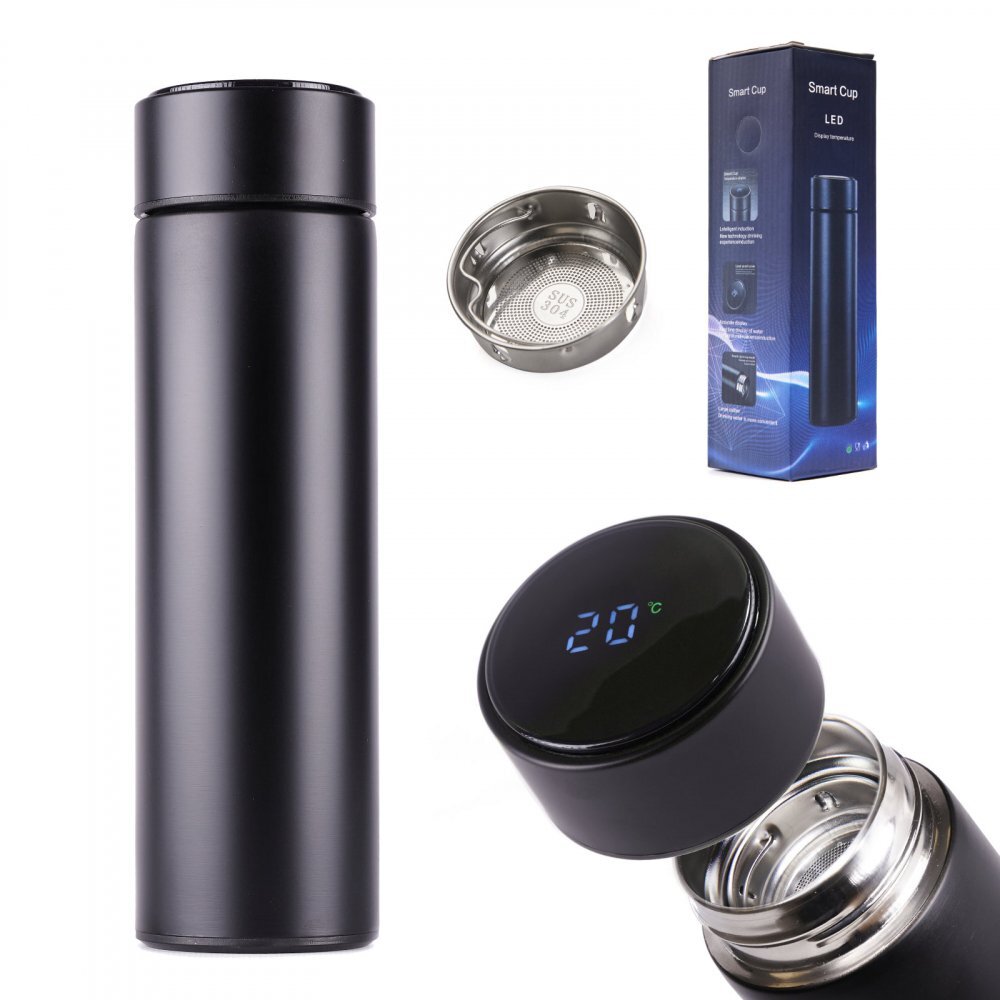 Ikonka Cana termos smart cu afisaj LED activat prin atingere interior din otel inoxidabil capacitate 500 ml dimensiune 6.7 x 21.5 cm Black