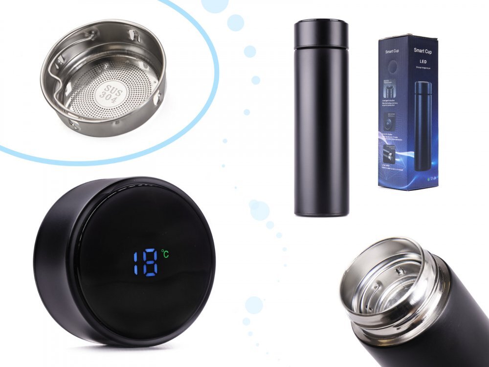 Ikonka Cana termos smart cu afisaj LED activat prin atingere interior din otel inoxidabil capacitate 500 ml dimensiune 6.7 x 21.5 cm Black