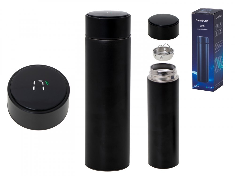 Ikonka Cana termos smart cu afisaj LED activat prin atingere interior din otel inoxidabil capacitate 500 ml dimensiune 6.7 x 21.5 cm Black