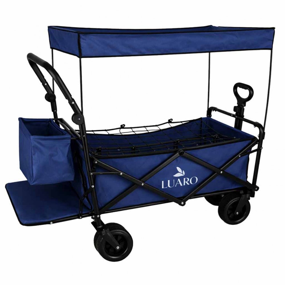Ikonka Carucior pliabil de transport universal Bleumarin XL cu copertina roti PVC pana la 120 kg maner reglabil cadru otel tubular