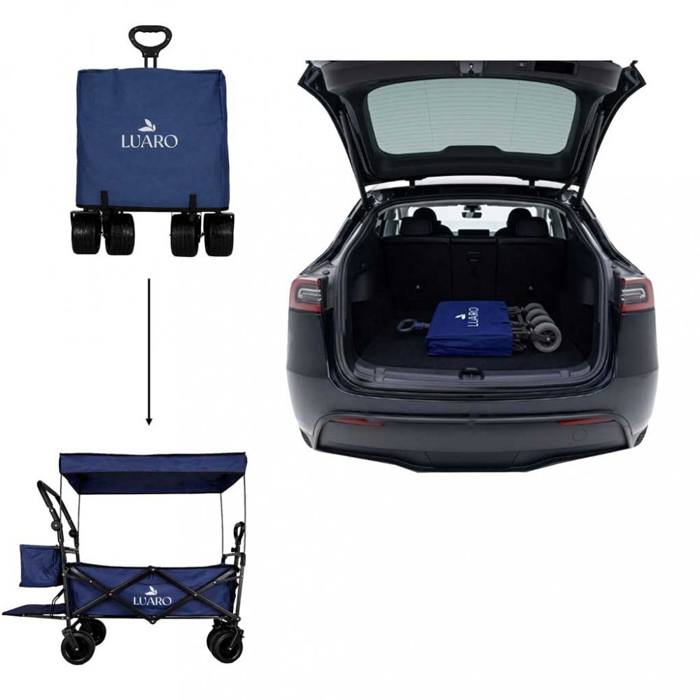 Ikonka Carucior pliabil de transport universal Bleumarin XL cu copertina roti PVC pana la 120 kg maner reglabil cadru otel tubular