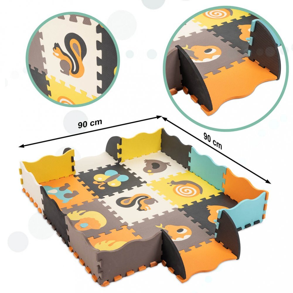 Ikonka Covor tip puzzle pentru copii din spuma EVA flexibila cu 25 piese in husa cu fermoar dimensiune 114 x 1 x 114 cm Cute Animals