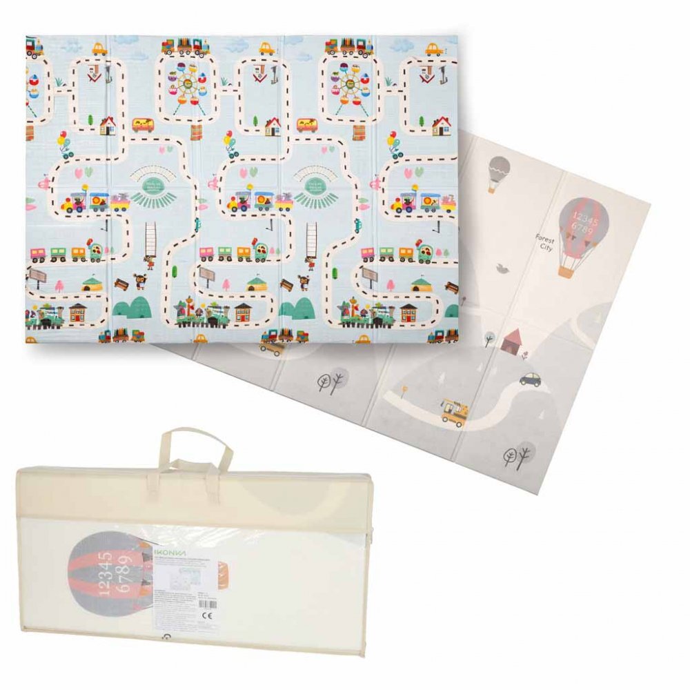 Ikonka Covoras de joaca pliabil cu doua fete Balloons Street 150 x 200 cm din spuma XPE structura antiderapanta husa de transport inclusa protectie impotriva loviturilor potrivit pentru interior si exterior