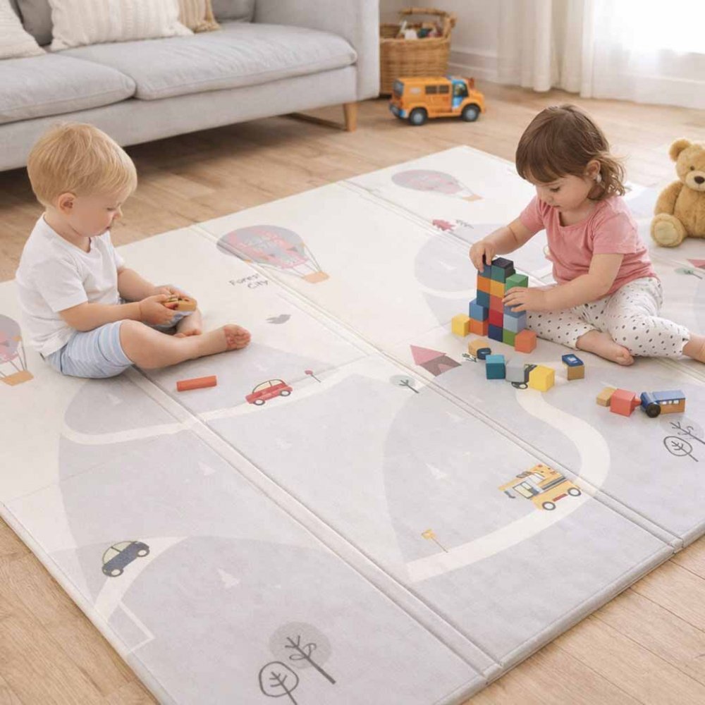 Ikonka Covoras de joaca pliabil cu doua fete Balloons Street 150 x 200 cm din spuma XPE structura antiderapanta husa de transport inclusa protectie impotriva loviturilor potrivit pentru interior si exterior