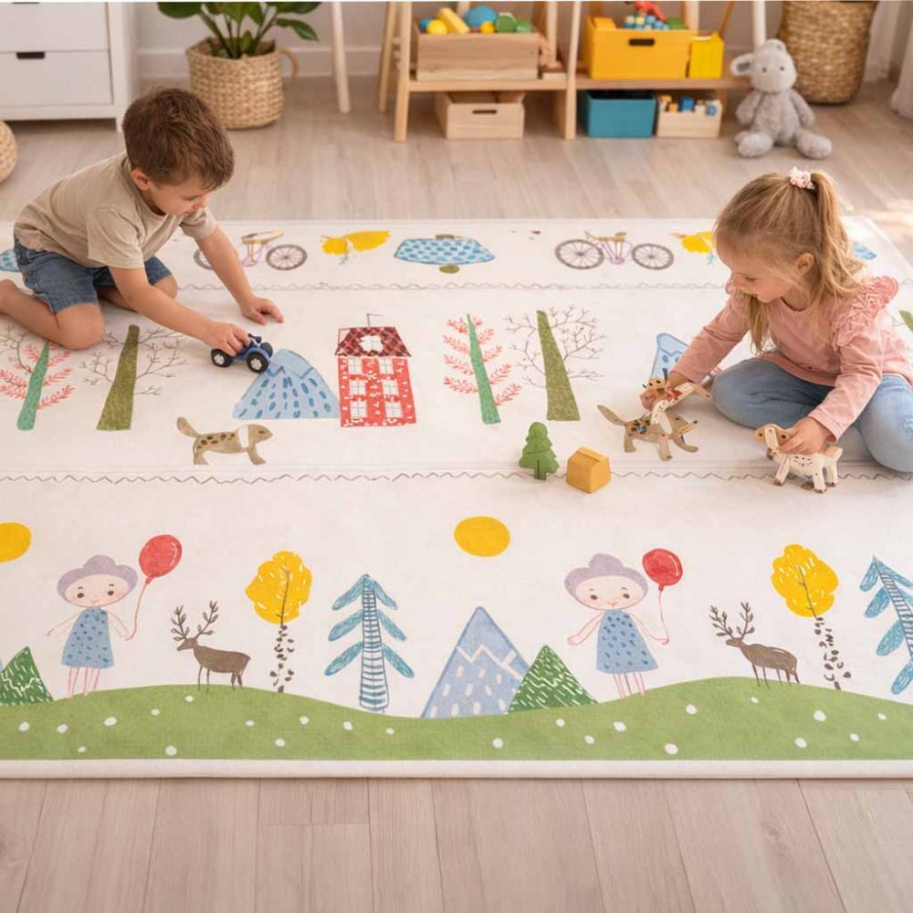 Ikonka Covoras de joaca pliabil cu doua fete Teddy Bears Trees 150 x 200 cm din spuma XPE structura antiderapanta husa de transport inclusa protectie impotriva loviturilor potrivit pentru interior si exterior