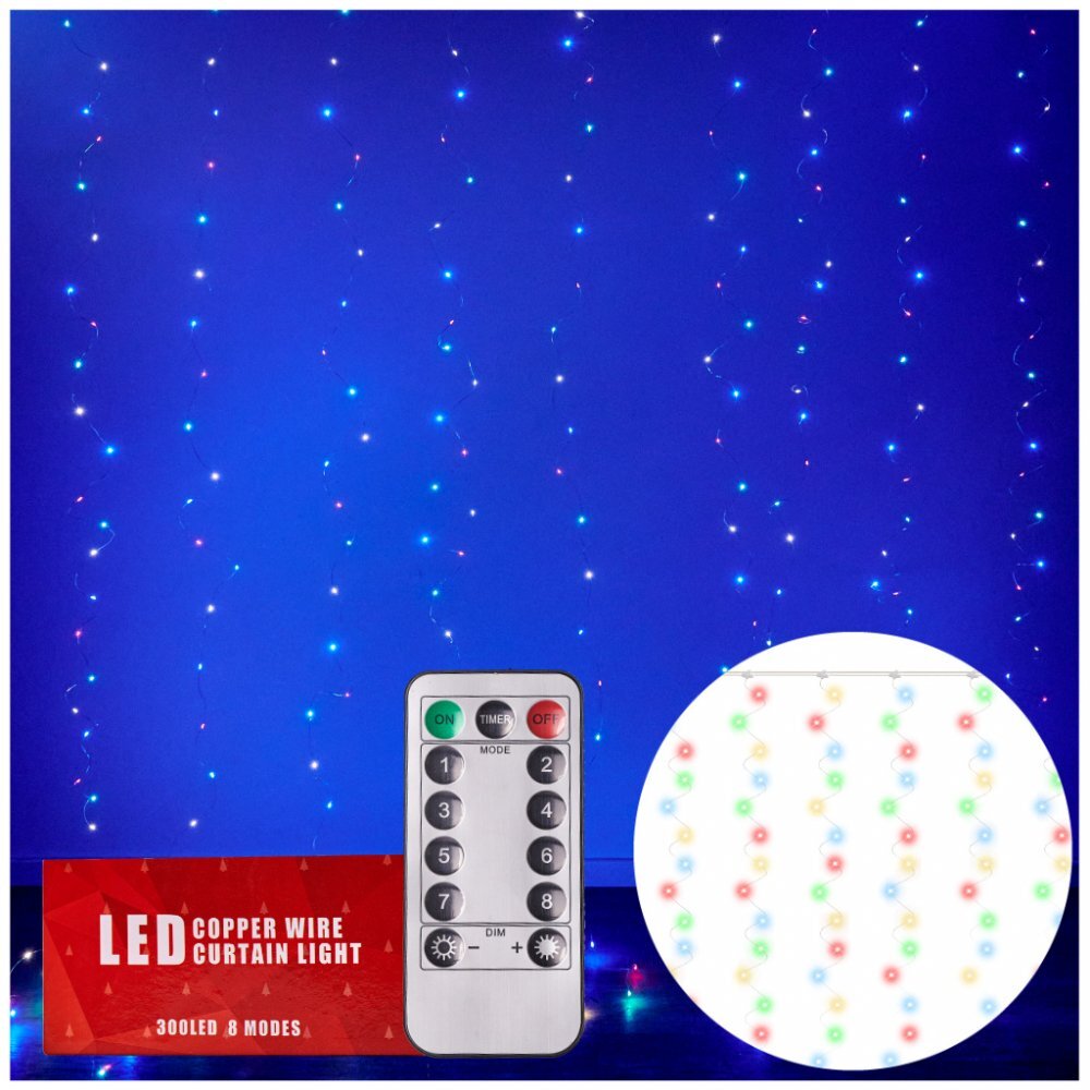 Ikonka Instalatie tip perdea cu fir din cupru cu telecomanda si 300 LED-uri Multicolore 3x3m