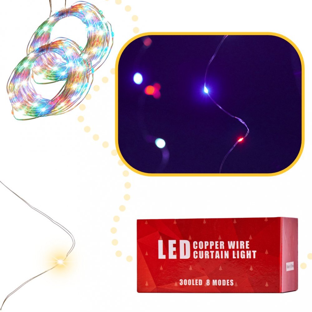 Ikonka Instalatie tip perdea cu fir din cupru cu telecomanda si 300 LED-uri Multicolore 3x3m