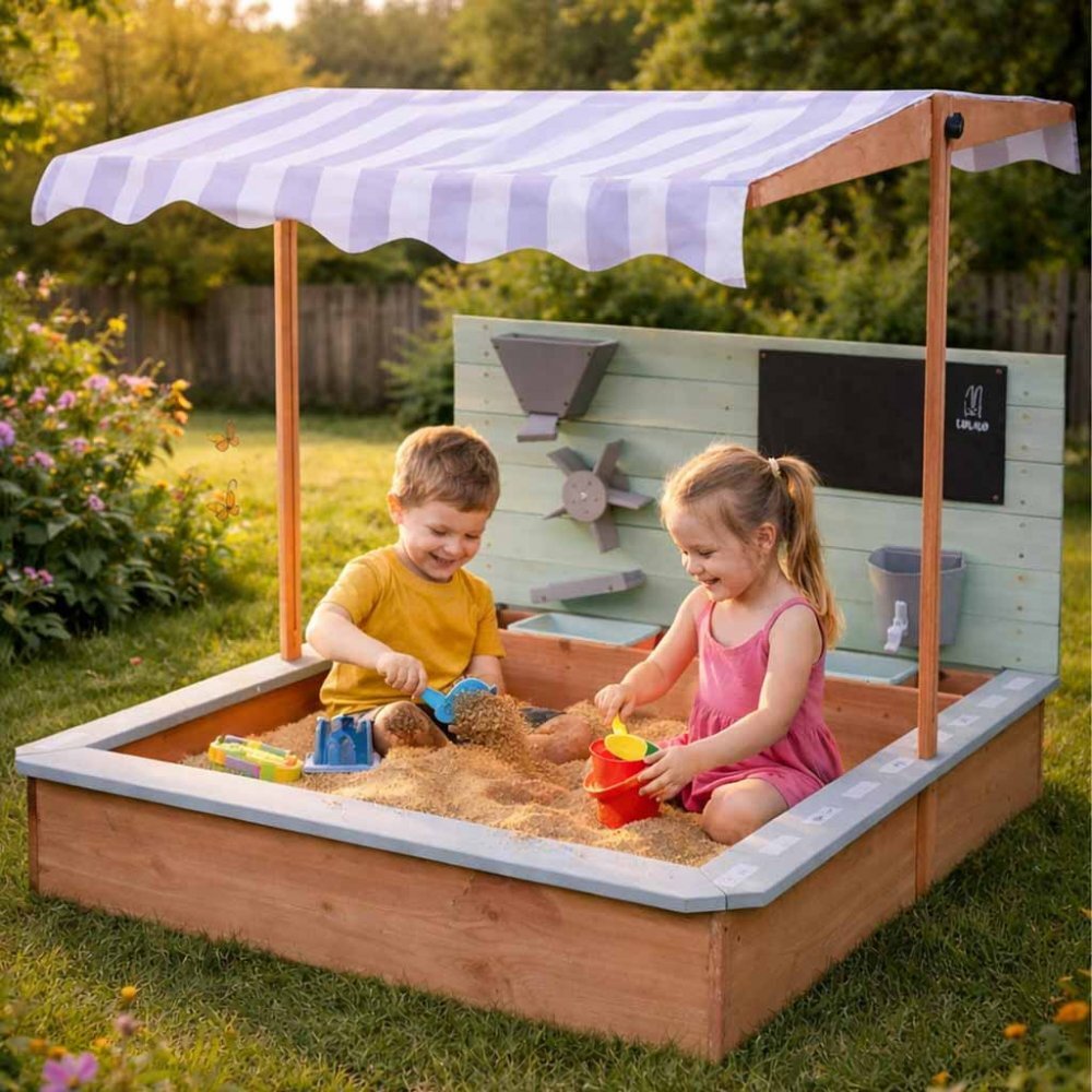 Ikonka Ladita de joaca cu nisip pentru copii Lulilo realizata din lemn de brad copertina reglabila tablita de scris robinet si moara de nisip dimensiune 120 x 120 x 120 cm