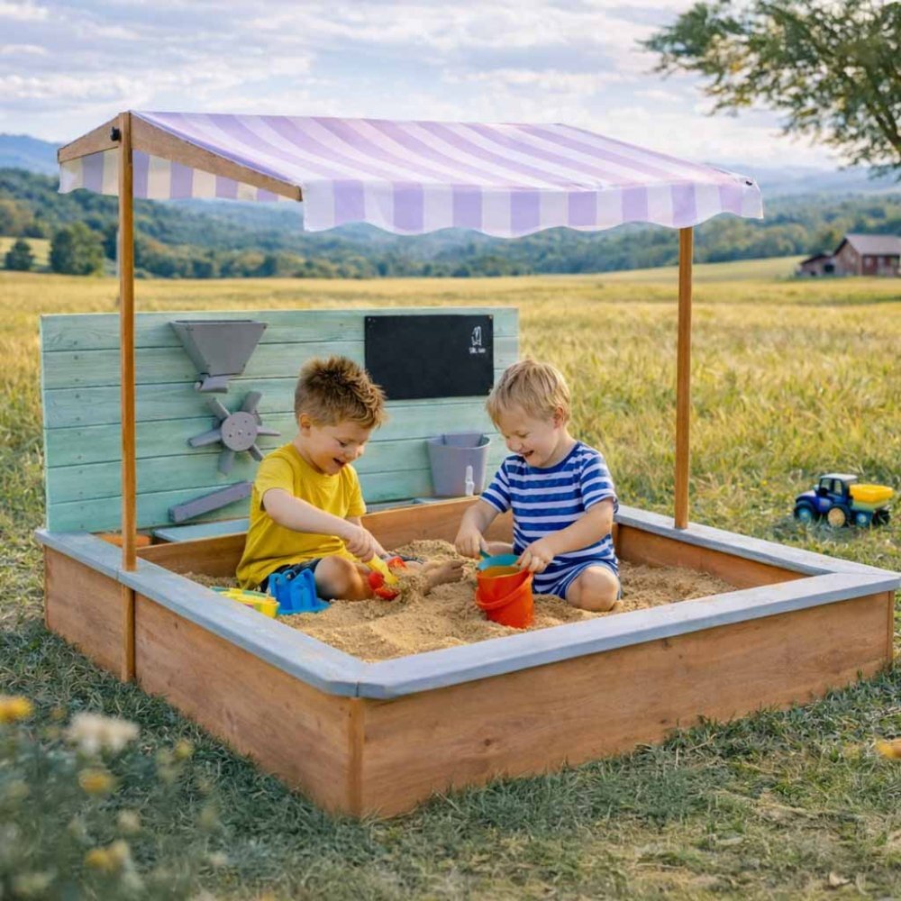 Ikonka Ladita de joaca cu nisip pentru copii Lulilo realizata din lemn de brad copertina reglabila tablita de scris robinet si moara de nisip dimensiune 120 x 120 x 120 cm