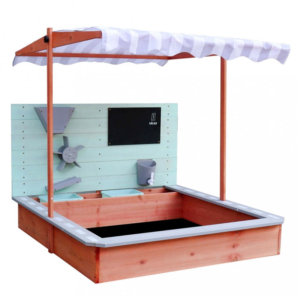 Ikonka Ladita de joaca cu nisip pentru copii Lulilo realizata din lemn de brad copertina reglabila tablita de scris robinet si moara de nisip dimensiune 120 x 120 x 120 cm