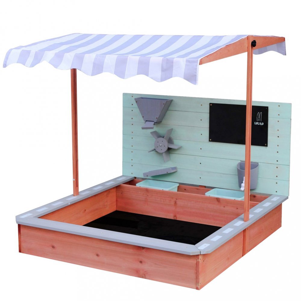 Ikonka Ladita de joaca cu nisip pentru copii Lulilo realizata din lemn de brad copertina reglabila tablita de scris robinet si moara de nisip dimensiune 120 x 120 x 120 cm