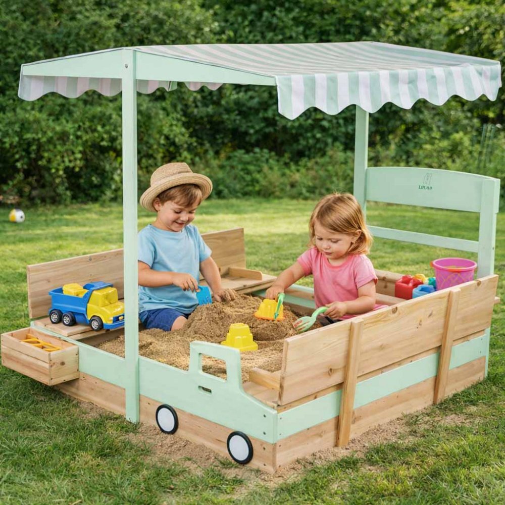 Ikonka Ladita de joaca din lemn pentru copii Lulilo Truck Sabliera tip Camion cu bancute integrate depozitare laterala si copertina reglabila 360 anti-UV