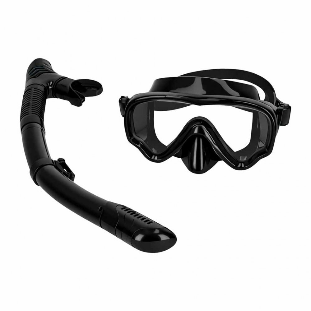 Ikonka Masca de snorkeling cu vedere 180 sticla securizata si Tub respirator cu sistem dry top anti-aburire Black