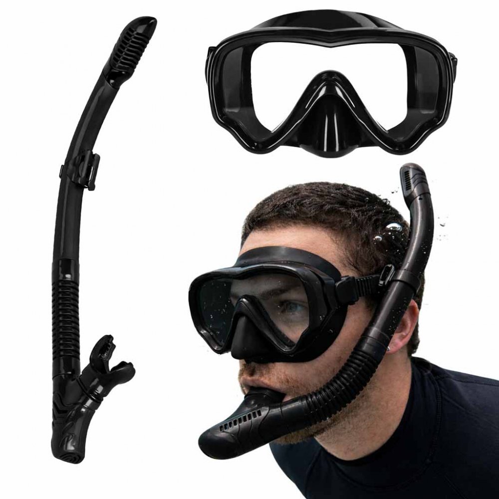 Ikonka Masca de snorkeling cu vedere 180 sticla securizata si Tub respirator cu sistem dry top anti-aburire Black