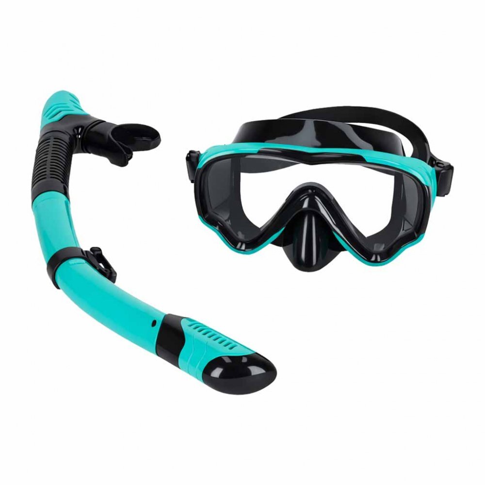 Ikonka Masca de snorkeling cu vedere 180 sticla securizata si Tub respirator cu sistem dry top anti-aburire BlueBlack