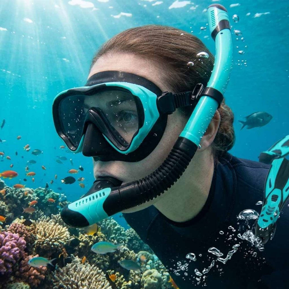 Ikonka Masca de snorkeling cu vedere 180 sticla securizata si Tub respirator cu sistem dry top anti-aburire BlueBlack