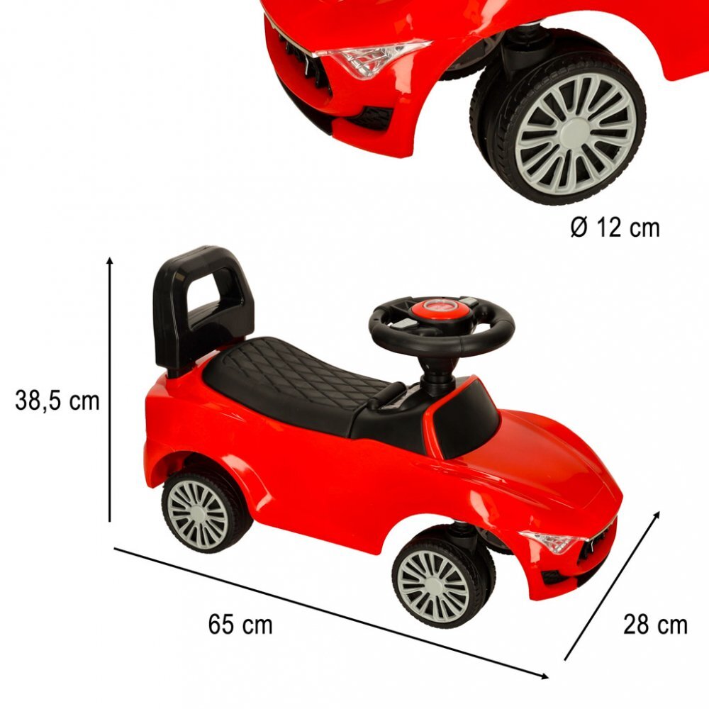 Ikonka Masinuta pentru copii fara pedale Red Baby Car cu sunete si lumini spatar inalt cu posibilitatea de impingere spatiu de depozitare 3-6 ani greutate maxima admisa 30 kg