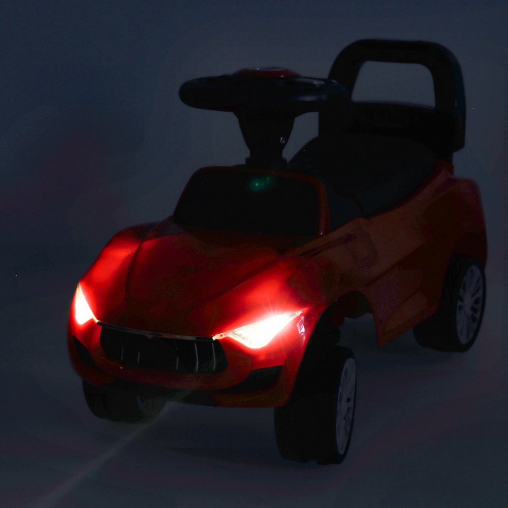 Ikonka Masinuta pentru copii fara pedale Red Baby Car cu sunete si lumini spatar inalt cu posibilitatea de impingere spatiu de depozitare 3-6 ani greutate maxima admisa 30 kg