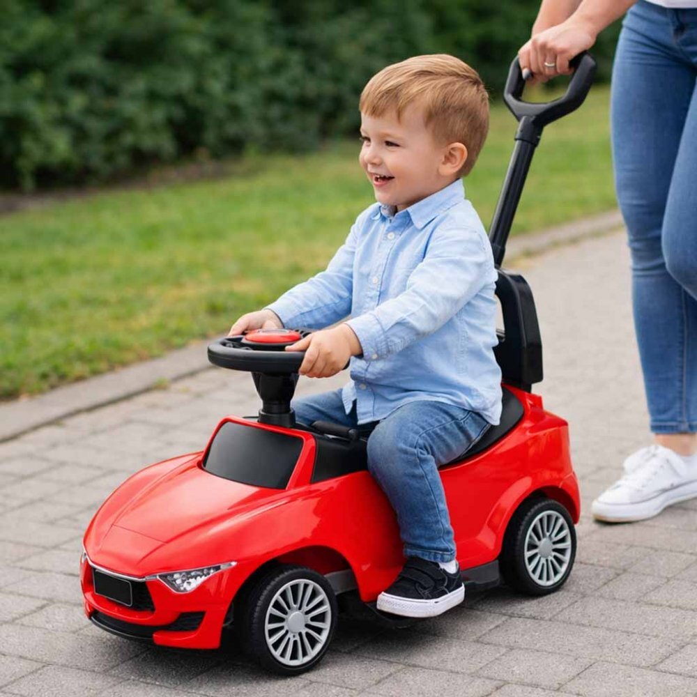 Ikonka Masinuta pentru copii fara pedale Red Baby Car cu sunete si lumini spatar inalt cu posibilitatea de impingere spatiu de depozitare 3-6 ani greutate maxima admisa 30 kg