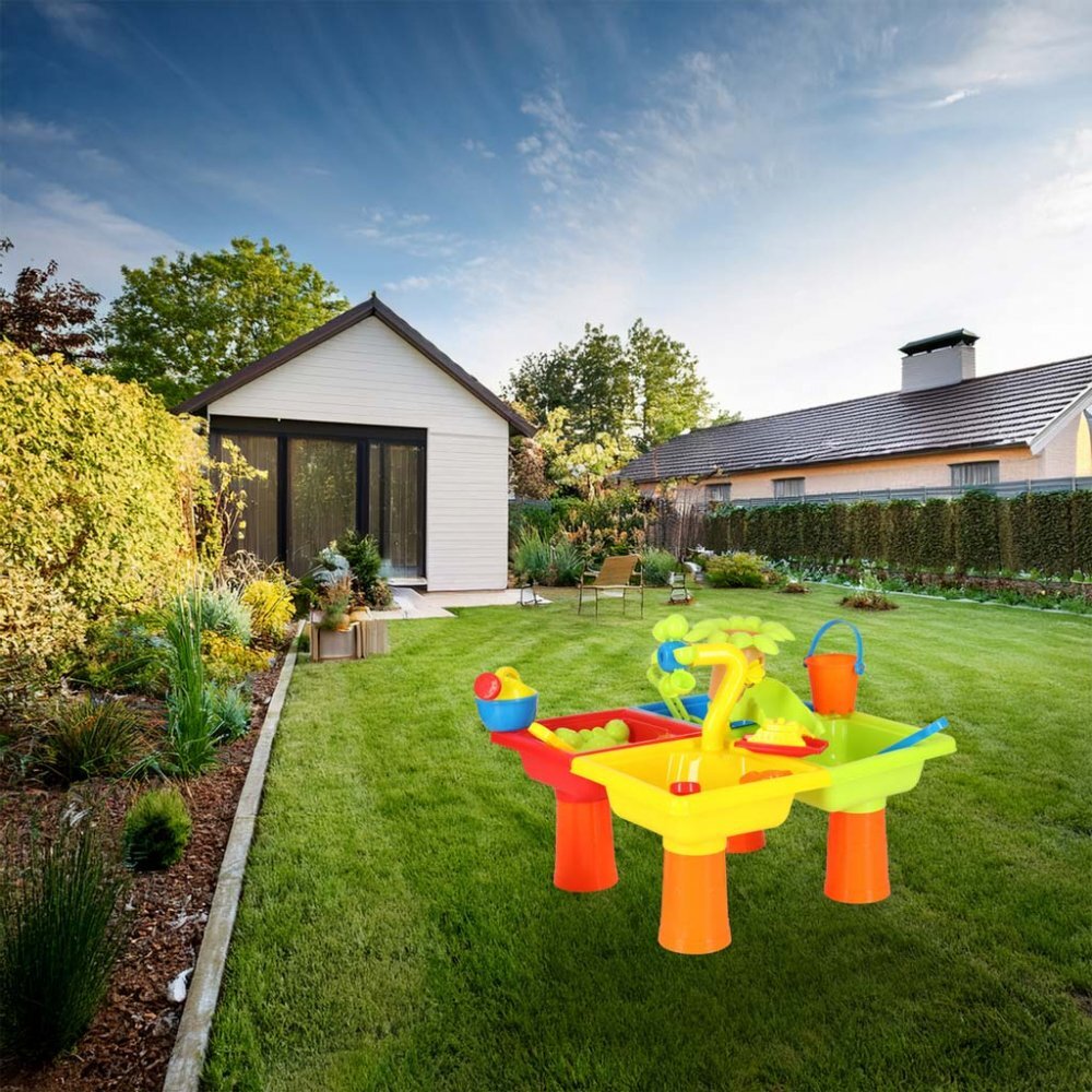 Ikonka Masuta de activitati multicolor pentru joaca cu apa si nisip include 24 accesorii dimensiune 45 x 45 x 37 cm