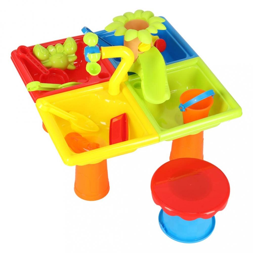 Ikonka Masuta de activitati multicolor pentru joaca cu apa si nisip include 24 accesorii dimensiune 45 x 45 x 37 cm