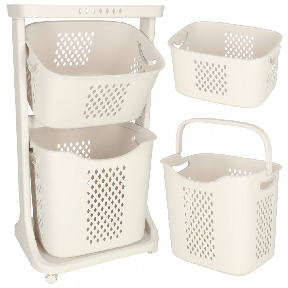 Ikonka Organizator pe roti cu 2 cosuri supraetajate white dimensiune totala 44 x 77.5 x 32 cm