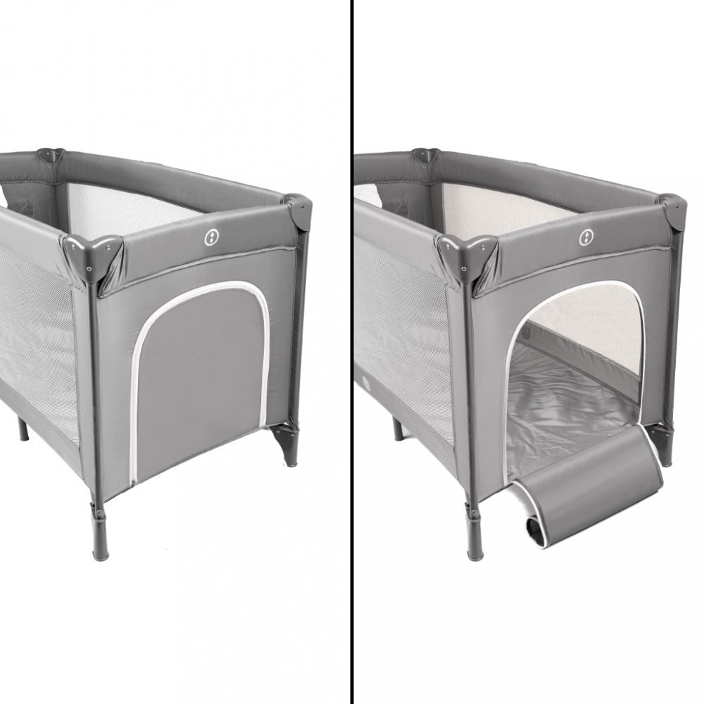 Ikonka Patut pliabil de calatorie Grey pentru copii cadru din aluminiu picioare antiderapante si roti cu blocare buzunar lateral pentru depozitare saltea pliabila inclusa