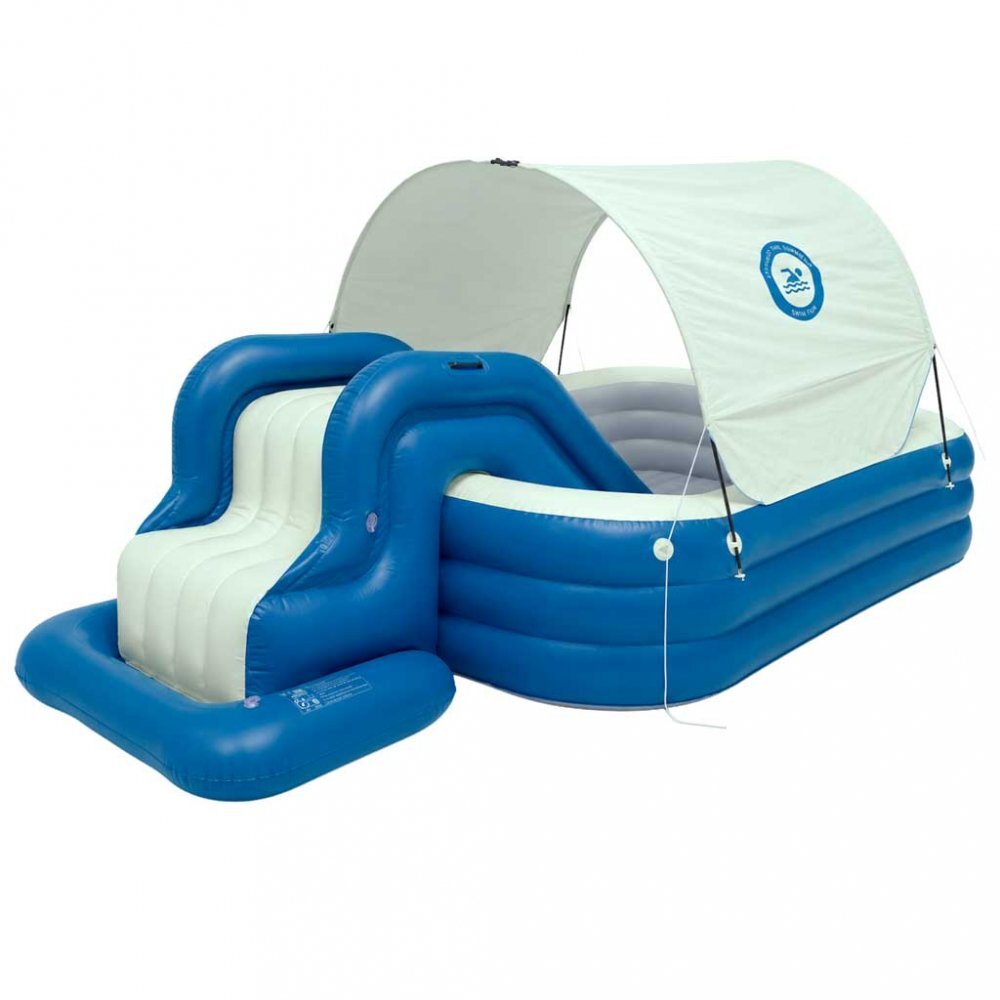 Ikonka Piscina gonflabila de gradina pentru copii BlueGreen din PVC rezisten cu tobogan parasolar impermeabil furtun de drenaj capacitate 1028 L