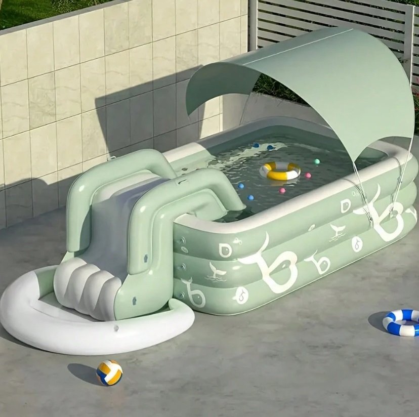 Ikonka Piscina gonflabila de gradina pentru copii cu tobogan baldachin si pompa electrica inclusa dimensiune 262 x 175 x 60 cm