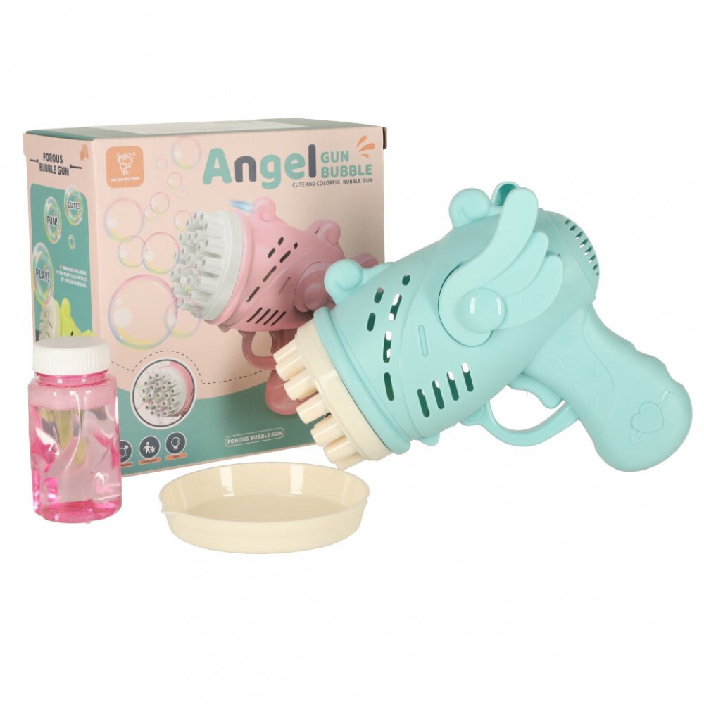 Ikonka Pistol pentru baloane de sapun Magic Wings Blue include un recipient cu lichid si un bol dimensiune 15.5 cm x 15 cm x 7.5 cm