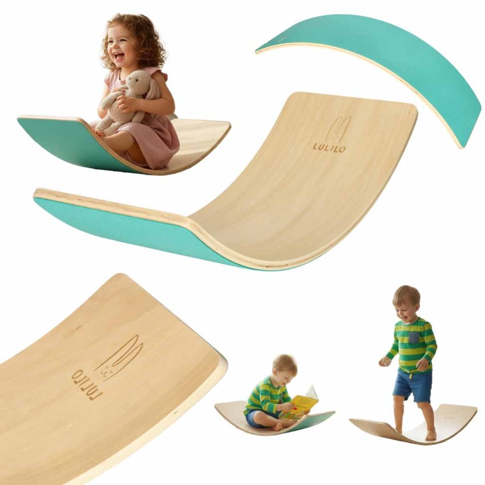 Ikonka Placa de echilibru din lemn pentru copii bej cu pasla turquoise dimensiune 82 x 30 x 2 cm