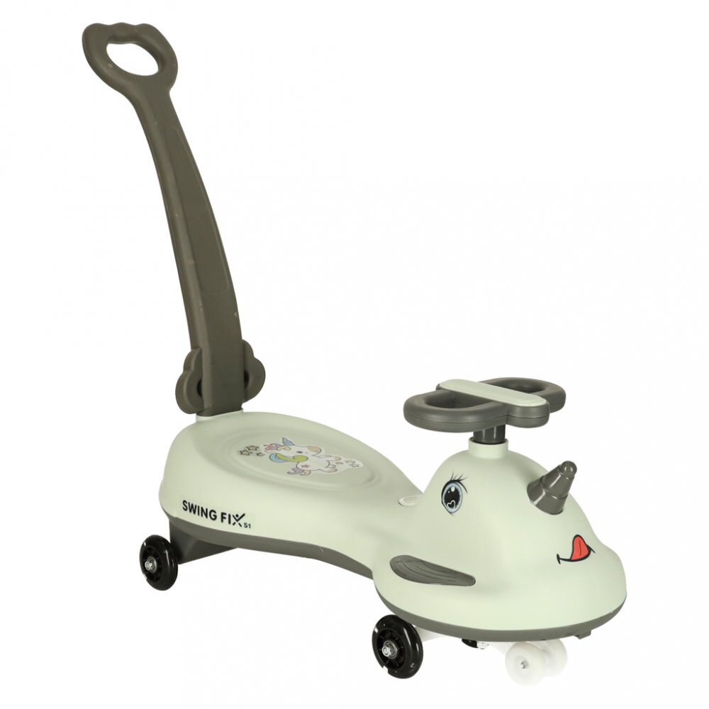 Ikonka PlasmaCar Swing FIX S1 cu LED cu maner Gri constructie solida scaun confortabil Roti cu lumini greutate sustinuta 65 kg