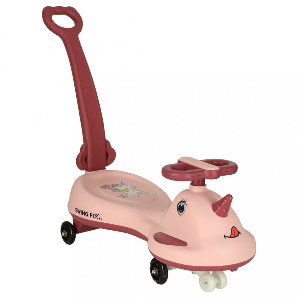 Ikonka PlasmaCar Swing FIX S1 cu LED cu maner Roz constructie solida scaun confortabil Roti cu lumini greutate sustinuta 65 kg