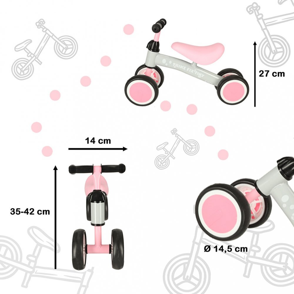 Ikonka Ride-On pentru copii Fix Tiny Roz fara pedale cu 4 roti ghidon reglabil cadru din otel Saua din spuma moale inaltime sezut 27 cm sarcina maxima admisa 30 kg