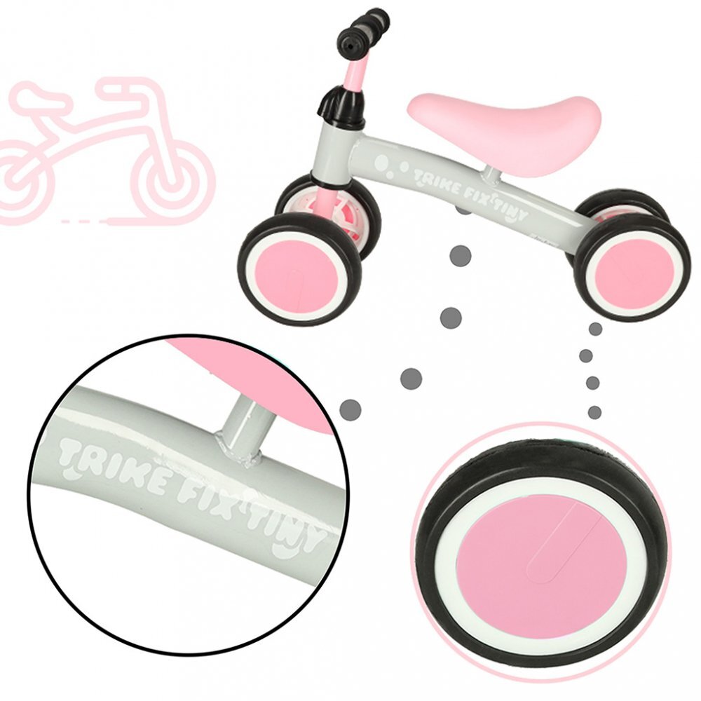 Ikonka Ride-On pentru copii Fix Tiny Roz fara pedale cu 4 roti ghidon reglabil cadru din otel Saua din spuma moale inaltime sezut 27 cm sarcina maxima admisa 30 kg