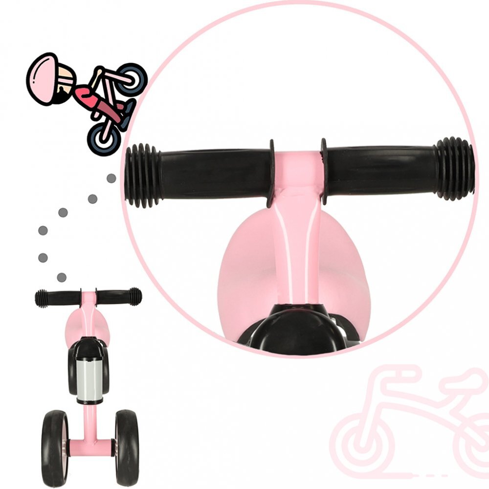 Ikonka Ride-On pentru copii Fix Tiny Roz fara pedale cu 4 roti ghidon reglabil cadru din otel Saua din spuma moale inaltime sezut 27 cm sarcina maxima admisa 30 kg