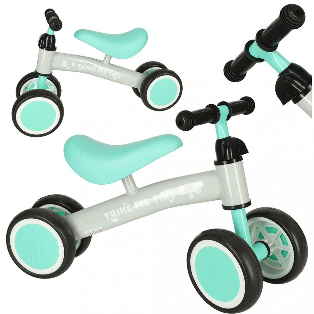 Ikonka Ride-On pentru copii Fix Tiny Verde menta fara pedale cu 4 roti ghidon reglabil cadru din otel Saua din spuma moale inaltime sezut 27 cm sarcina maxima admisa 30 kg