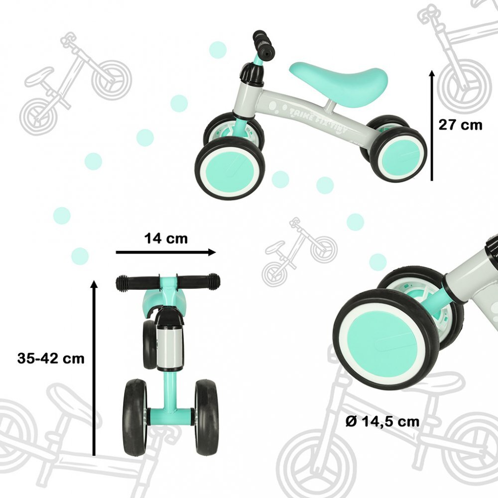 Ikonka Ride-On pentru copii Fix Tiny Verde menta fara pedale cu 4 roti ghidon reglabil cadru din otel Saua din spuma moale inaltime sezut 27 cm sarcina maxima admisa 30 kg