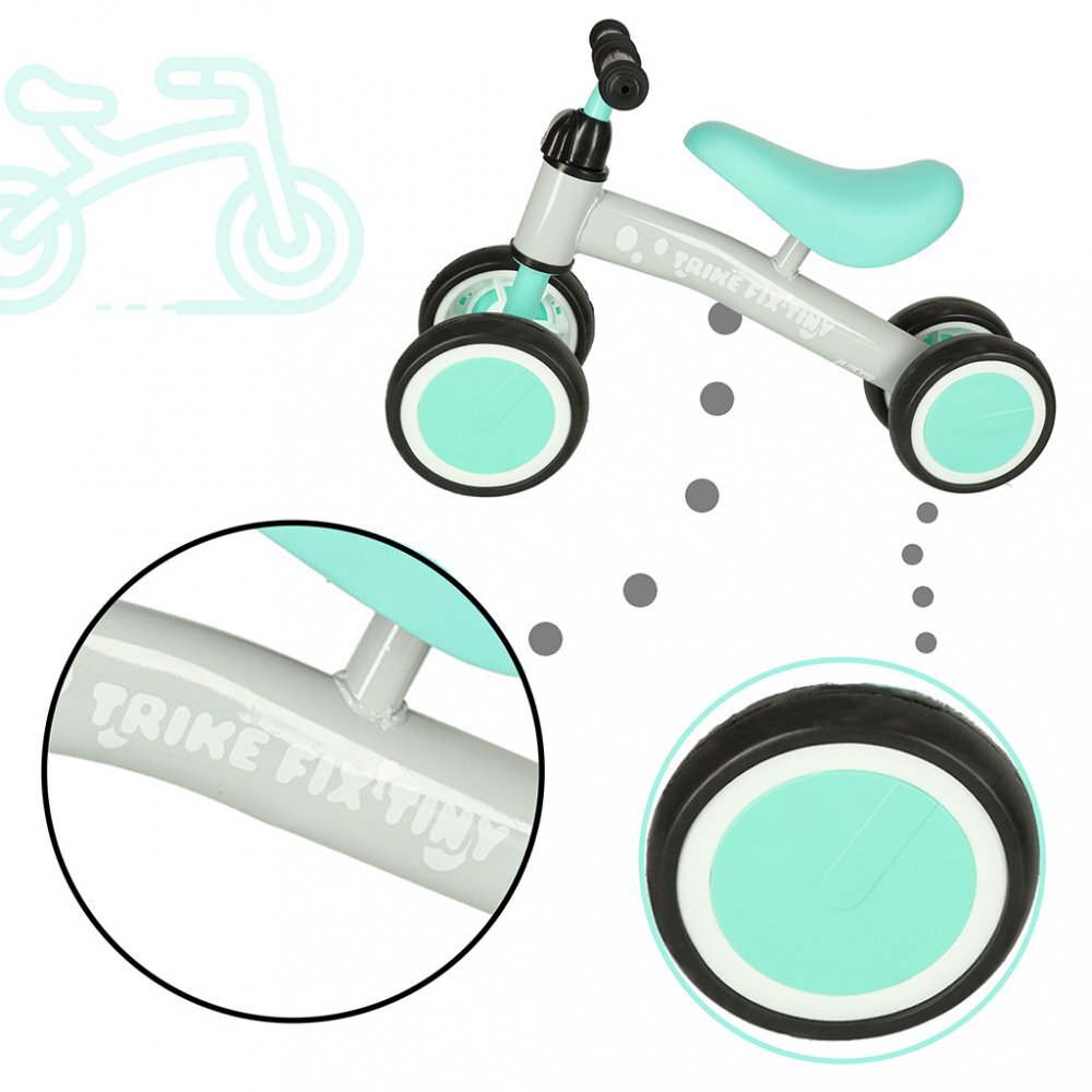 Ikonka Ride-On pentru copii Fix Tiny Verde menta fara pedale cu 4 roti ghidon reglabil cadru din otel Saua din spuma moale inaltime sezut 27 cm sarcina maxima admisa 30 kg