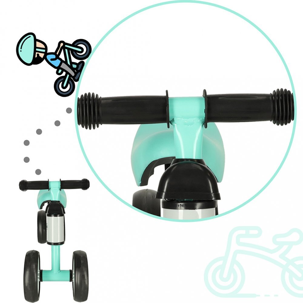 Ikonka Ride-On pentru copii Fix Tiny Verde menta fara pedale cu 4 roti ghidon reglabil cadru din otel Saua din spuma moale inaltime sezut 27 cm sarcina maxima admisa 30 kg