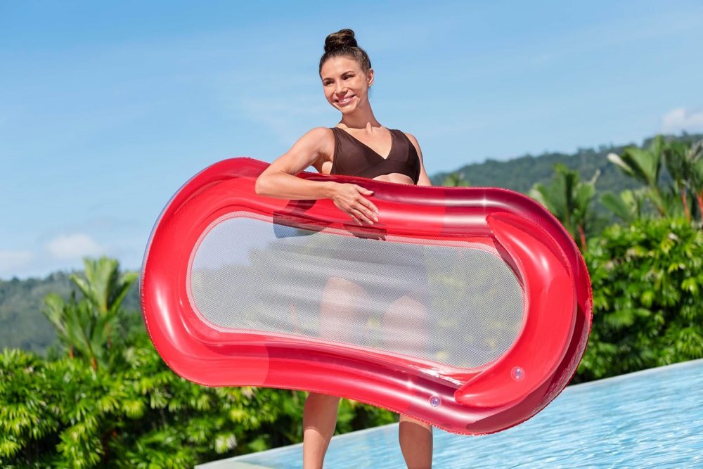 Ikonka Saltea gonflabila pentru plaja si piscina cu Spatar si Cotiere 2 camere de aer independente si plasa 159 x 77 cm sarcina maxima 90 kg Red