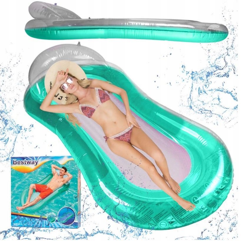 Ikonka Saltea gonflabila pentru plaja si piscina cu Spatar si Cotiere 2 camere de aer independente si plasa 159 x 77 cm sarcina maxima 90 kg Turcoaz