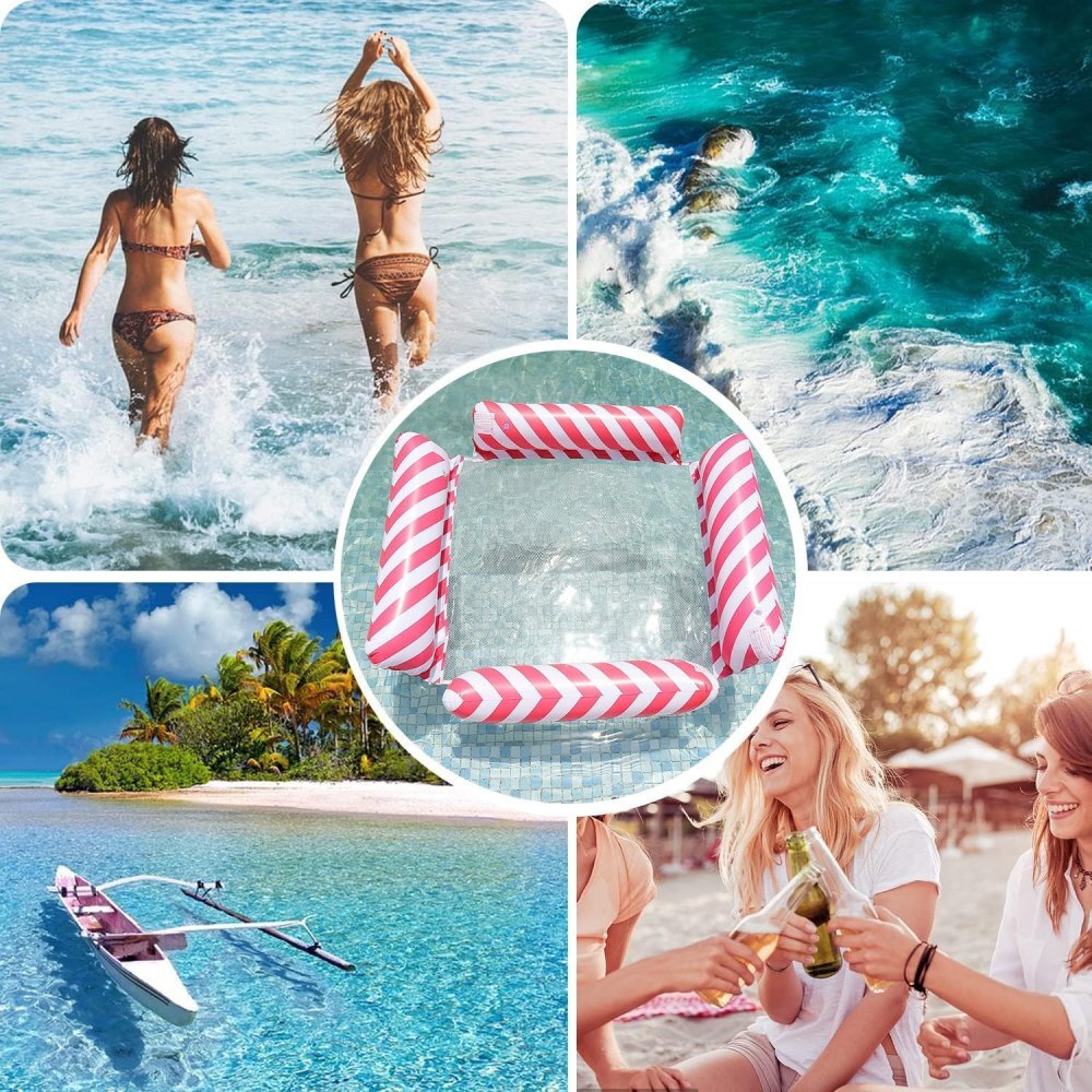 Ikonka Saltea gonflabila pentru plaja si piscina tip hamac cu 4 camere gonflabile pana la 120 kg dimensiune 112 x 112 cm Pink